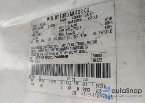 2006 Ford Ranger Xl/Xlt from USA, damaged, VIN 1FTYR10D26PA85649